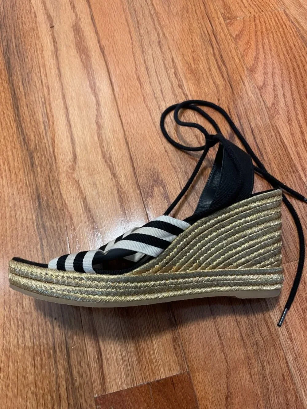 Marc Jacobs Dani Striped Canvas Wedge Espadrille Sandals Gold Heel Size 38